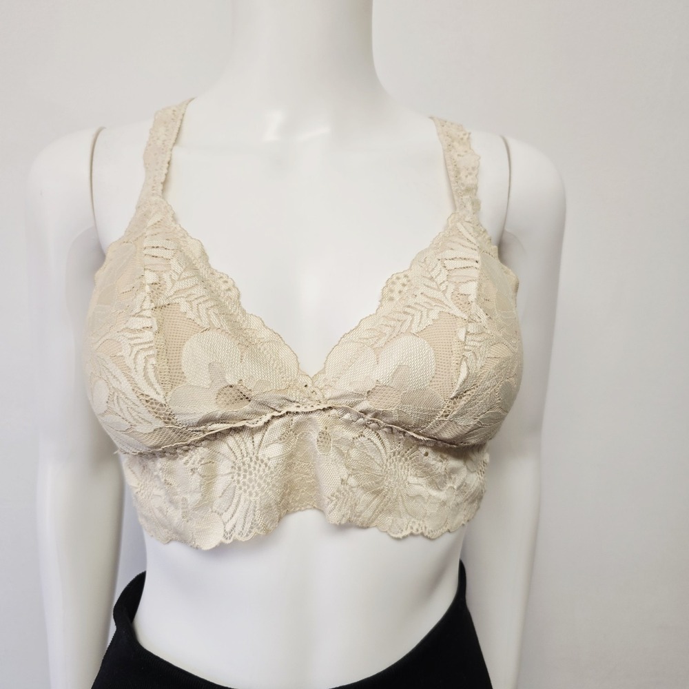 Aerie Bralette Size M Joy Lace Padded Longline Racerback Beige Bra Sexy Womens